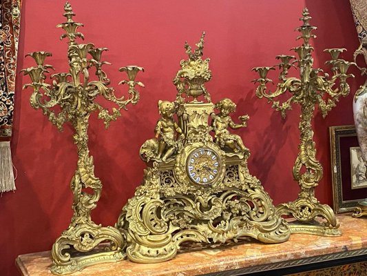 19th Century French Gilt Bronze Candelabras and Clock Garniture-YMM-1134725