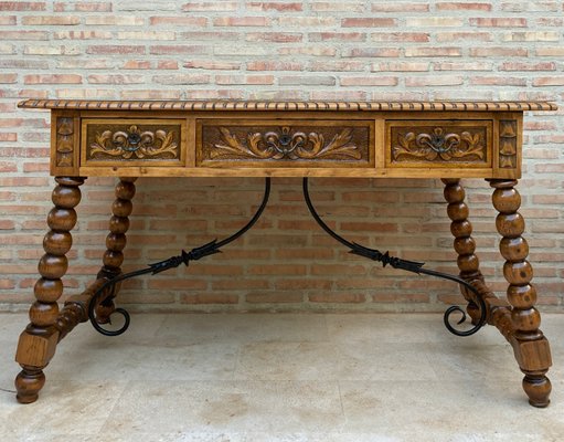 19th-Century French Hand Carved Oak Desk with Iron Stretcher & Solomonic Legs-NOU-1010607