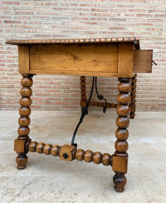 19th-Century French Hand Carved Oak Desk with Iron Stretcher & Solomonic Legs-NOU-1010607