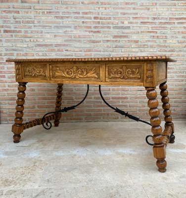 19th-Century French Hand Carved Oak Desk with Iron Stretcher & Solomonic Legs-NOU-1010607