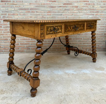 19th-Century French Hand Carved Oak Desk with Iron Stretcher & Solomonic Legs-NOU-1010607