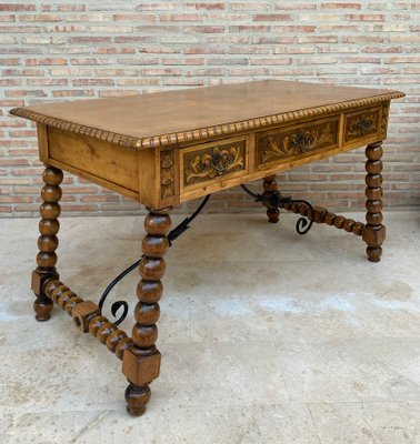 19th-Century French Hand Carved Oak Desk with Iron Stretcher & Solomonic Legs-NOU-1010607