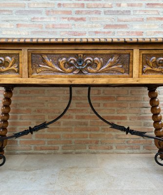 19th-Century French Hand Carved Oak Desk with Iron Stretcher & Solomonic Legs-NOU-1010607