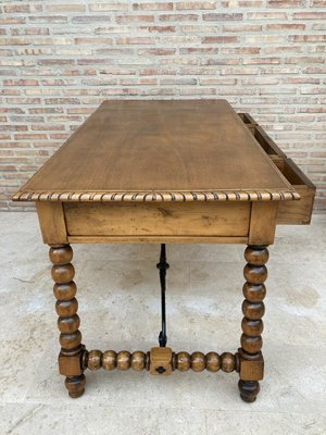 19th-Century French Hand Carved Oak Desk with Iron Stretcher & Solomonic Legs-NOU-1010607