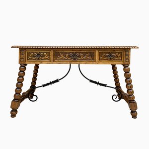 19th-Century French Hand Carved Oak Desk with Iron Stretcher & Solomonic Legs-NOU-1010607