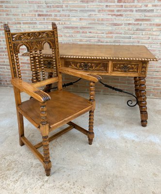 19th Century French Hand-Carved Oak Desk with Solomonic Legs and Armchair, Set of 2-NOU-1015675