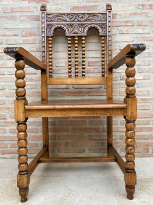 19th Century French Hand-Carved Oak Desk with Solomonic Legs and Armchair, Set of 2-NOU-1015675