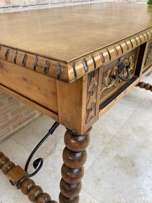 19th Century French Hand-Carved Oak Desk with Solomonic Legs and Armchair, Set of 2-NOU-1015675