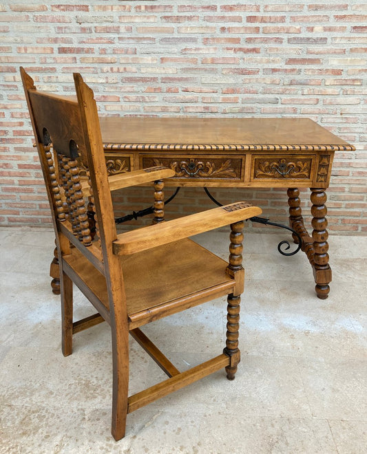 19th Century French Hand-Carved Oak Desk with Solomonic Legs and Armchair, Set of 2