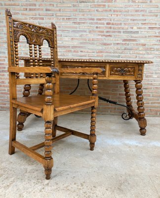 19th Century French Hand-Carved Oak Desk with Solomonic Legs and Armchair, Set of 2-NOU-1015675