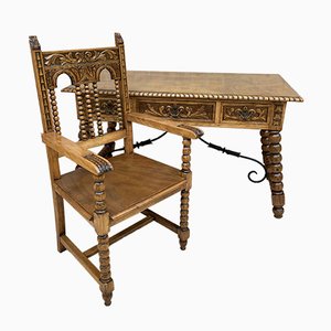 19th Century French Hand-Carved Oak Desk with Solomonic Legs and Armchair, Set of 2-NOU-1015675