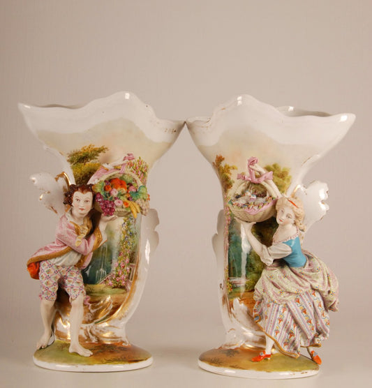 19th Century French Hand Crafted and Hand Painted Porcelain Belle Epoque Vases, Set of 2