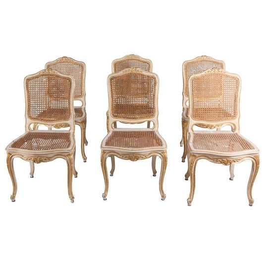 19th Century French Ivory-Painted & Parcel-Gilt Chairs, Set of 6