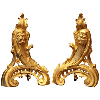 19th Century French Louis XV Style Gilt Bronze Lions Head Fireplace Andirons, Set of 2-AXE-1433374