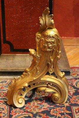 19th Century French Louis XV Style Gilt Bronze Lions Head Fireplace Andirons, Set of 2-AXE-1433374