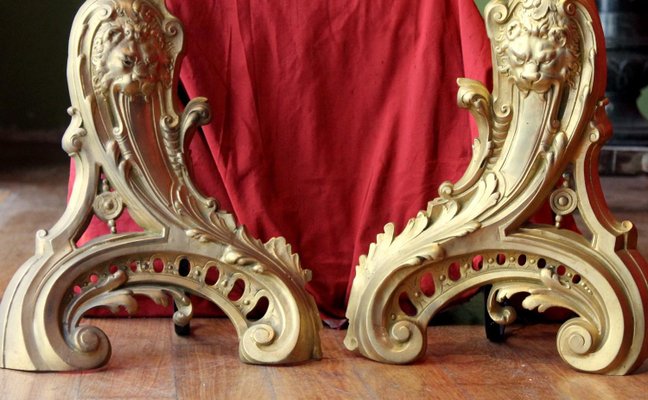 19th Century French Louis XV Style Gilt Bronze Lions Head Fireplace Andirons, Set of 2-AXE-1433374