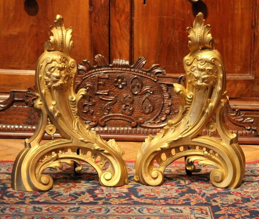 19th Century French Louis XV Style Gilt Bronze Lions Head Fireplace Andirons, Set of 2