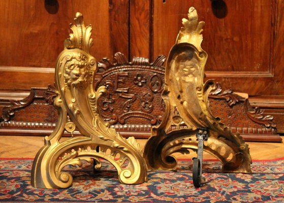 19th Century French Louis XV Style Gilt Bronze Lions Head Fireplace Andirons, Set of 2-AXE-1433374