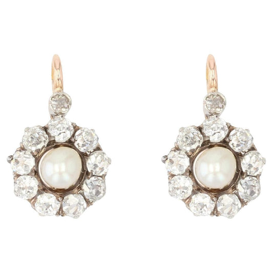 19th Century French Natural Pearl Diamond 18 Karat Rose Gold Lever-Back Earrings