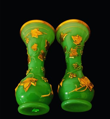 19th Century French Opaline Baccarat Green Vases, Set of 2-OZS-1397054