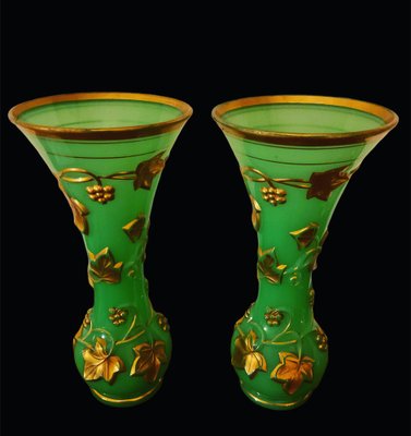 19th Century French Opaline Baccarat Green Vases, Set of 2-OZS-1397054