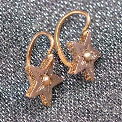 19th Century French Pearl 18 Karat Rose Gold Lever-Back Star Earrings, Set of 2-OLU-1388188