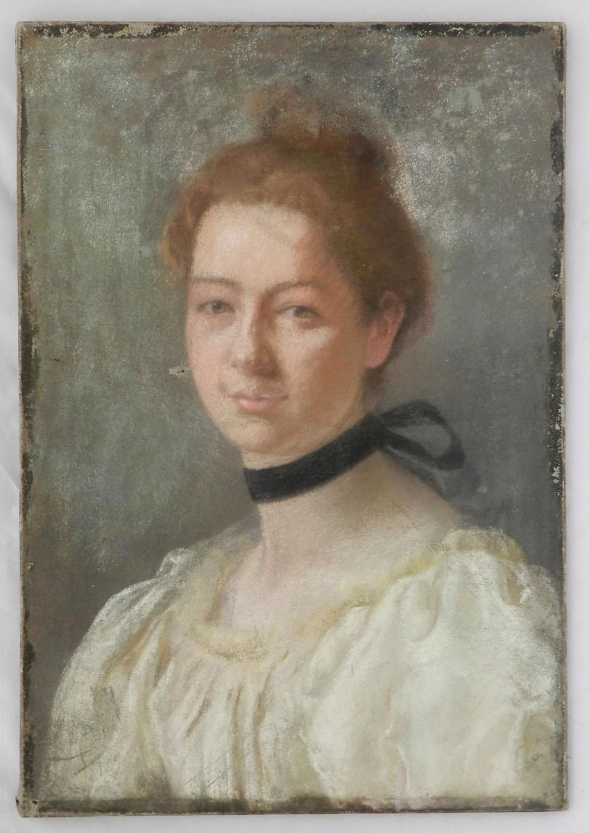 19th Century French Portrait of a Lady Painting Pastel on Canvas, 1880s