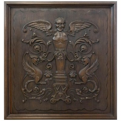 19th Century French Renaissance Chimera Plaque Carved Wood Panel-RIU-698929