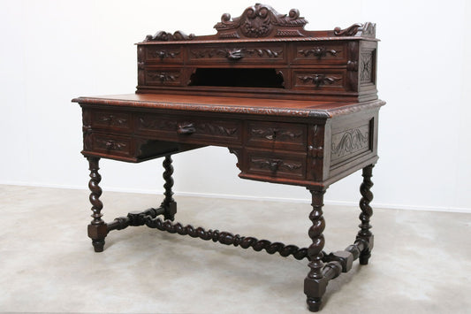 19th Century French Renaissance Revival Hunt Desk with Barley Twist Oak, 1870s