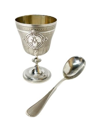 19th Century French Silver Boxed Egg Cup and Spoon by Pellerin & Lemoing, Set of 3-UCH-1224869