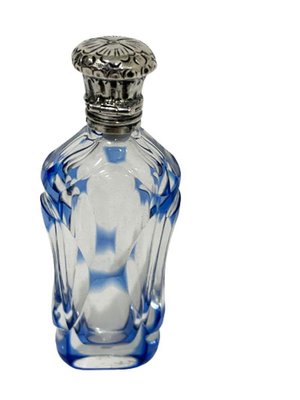 19th Century French Small Crystal Clear and Blue Overlay Scent Bottle with Silver Cap-UCH-1224326