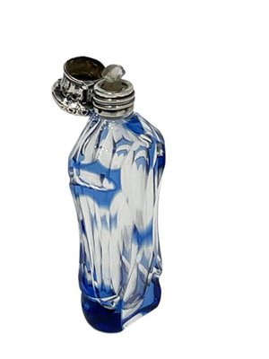 19th Century French Small Crystal Clear and Blue Overlay Scent Bottle with Silver Cap-UCH-1224326