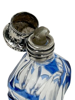 19th Century French Small Crystal Clear and Blue Overlay Scent Bottle with Silver Cap-UCH-1224326