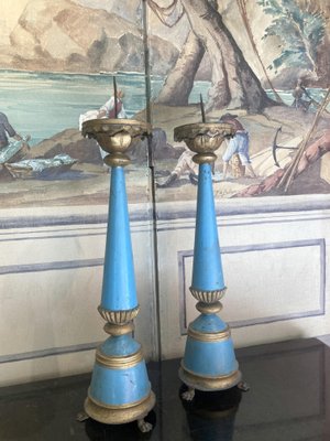 19th Century French Tall Blue Painted Tole and Parcel Gilt Pricket Candlesticks, Set of 2-AXE-1433421