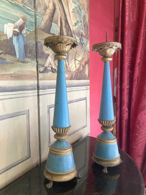 19th Century French Tall Blue Painted Tole and Parcel Gilt Pricket Candlesticks, Set of 2-AXE-1433421