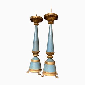 19th Century French Tall Blue Painted Tole and Parcel Gilt Pricket Candlesticks, Set of 2-AXE-1433421