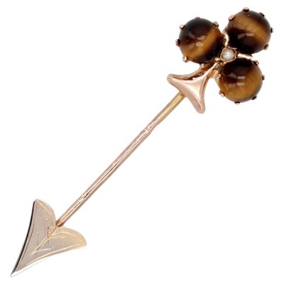 19th Century French Tiger Eye Fine Pearl Rose Gold Clover Pin Brooch-OLU-1815850