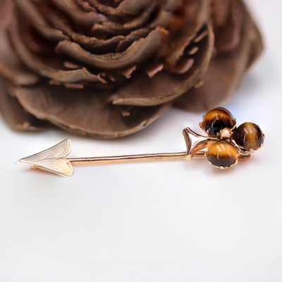 19th Century French Tiger Eye Fine Pearl Rose Gold Clover Pin Brooch-OLU-1815850