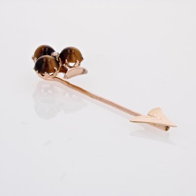 19th Century French Tiger Eye Fine Pearl Rose Gold Clover Pin Brooch-OLU-1815850