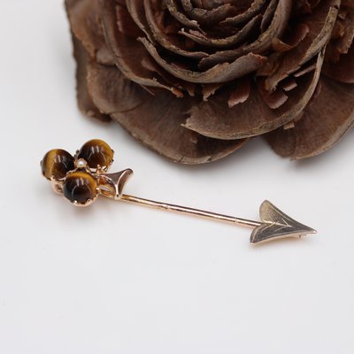 19th Century French Tiger Eye Fine Pearl Rose Gold Clover Pin Brooch-OLU-1815850