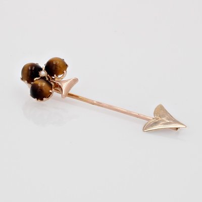 19th Century French Tiger Eye Fine Pearl Rose Gold Clover Pin Brooch-OLU-1815850