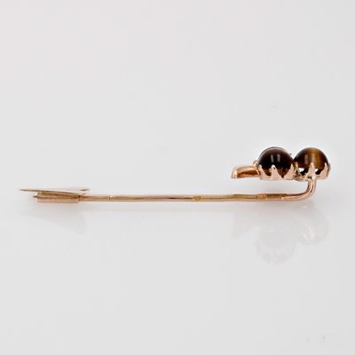 19th Century French Tiger Eye Fine Pearl Rose Gold Clover Pin Brooch-OLU-1815850