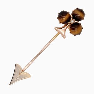 19th Century French Tiger Eye Fine Pearl Rose Gold Clover Pin Brooch-OLU-1815850