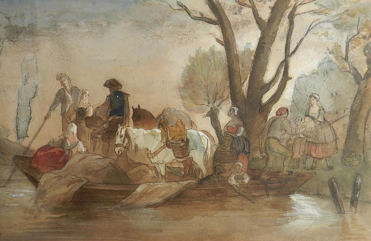 19th Century French Watercolor Villagers at Waters Edge Manner by Jules Hereau, 1870