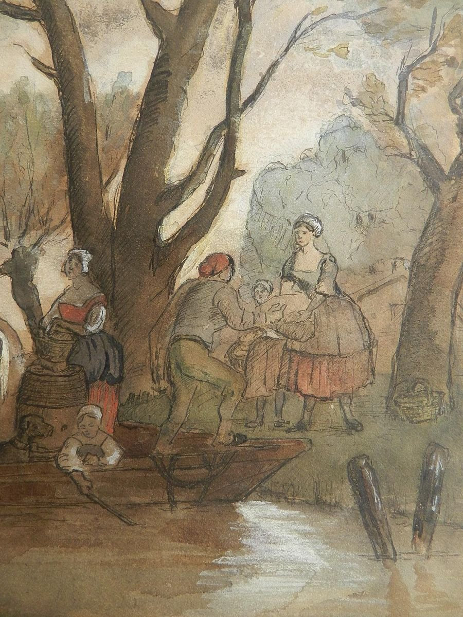 19th Century French Watercolor Villagers at Waters Edge Manner by Jules Hereau, 1870