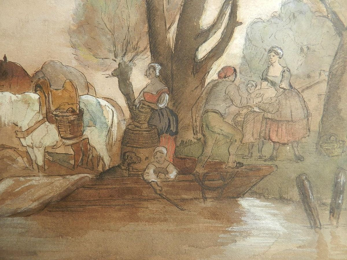 19th Century French Watercolor Villagers at Waters Edge Manner by Jules Hereau, 1870