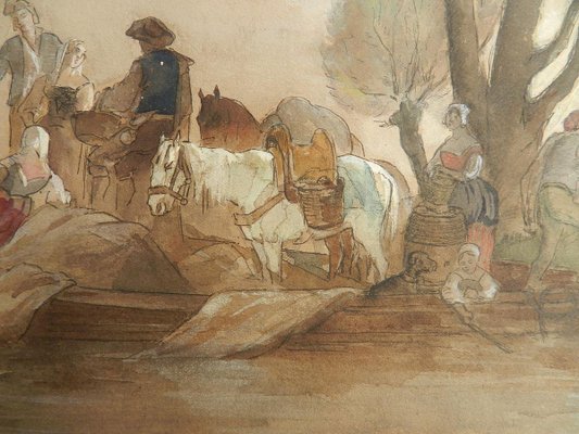 19th Century French Watercolor Villagers at Waters Edge Manner by Jules Hereau, 1870-ARU-626162