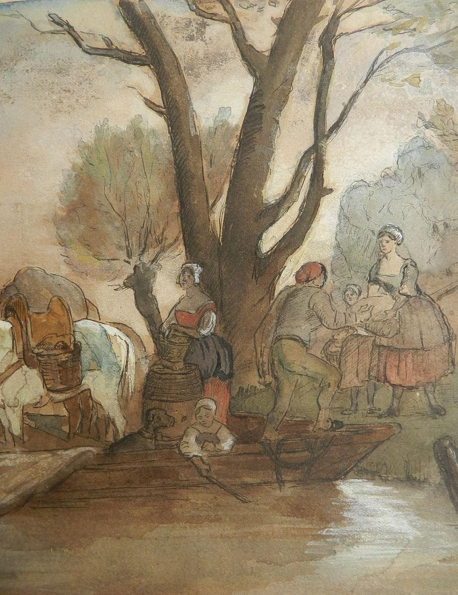 19th Century French Watercolor Villagers at Waters Edge Manner by Jules Hereau, 1870