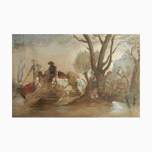 19th Century French Watercolor Villagers at Waters Edge Manner by Jules Hereau, 1870-ARU-626162