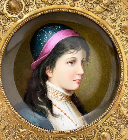 19th Century German Porcelain & Bronze Plate Depicting a Young Female